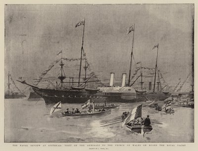 スピットヘッドでの海軍のレビュー、ロイヤルヨットでのプリンスオブウェールズへの提督の訪問 作： Joseph Nash